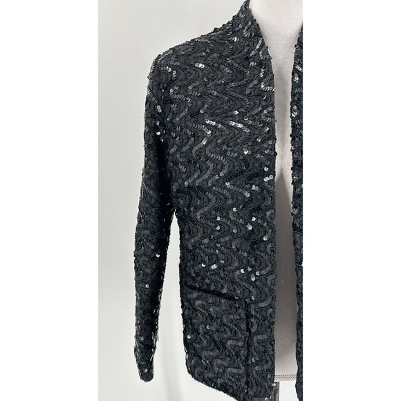 Miss H Jacket Blazer Black Sequins Long Sleeve Open Front Holiday Lined Medium - Picture 6 of 11